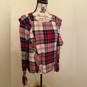 Kensie Flannel Plaid Ruffle Sleeve Top EUC